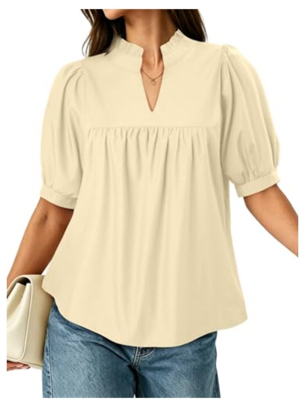 Puff Sleeve V Neck Blouse Babydoll Peplum Top Dressy Casual Pleated Loose